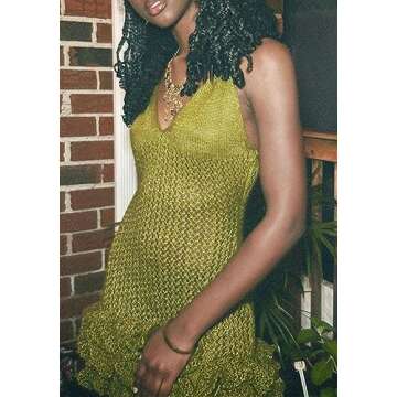 Tcremisa Women's V Neck Crochet Dress Ruffle Layer Hem Backless Bodycon Short Mini Pullover Knit Dresses Green