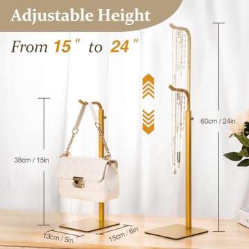 Josmimic Purse Holder Handbag Display Stand: Gold Hanger Rack for Bags, Purses, and Wreath, Adjustable Hook Stand for Tabletop, Closet, and Retail Use for Vendors