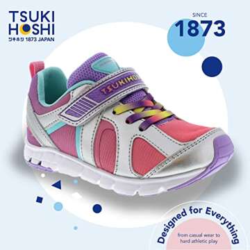 TSUKIHOSHI 3584 Rainbow Strap-Closure Machine-Washable Child Sneaker Shoe with Wide Toe Box and Slip-Resistant, Non-Marking Outsole - Silver/Lavender, 11.5 Little Kid (4-8 Years)