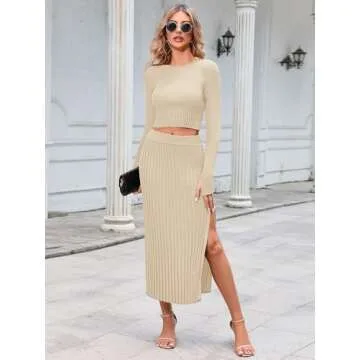 Pink Queen Women‘s 2 Piece Skirt Set Knit Outfit Sweater Crop Top Vacation Night Club Slit Midi Long Dress Apricot XL