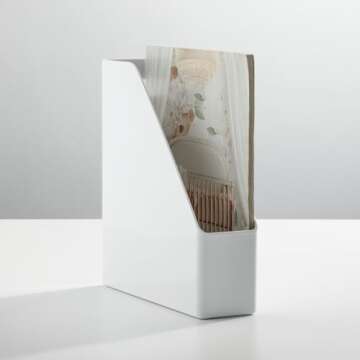 mDesign Plastic Slim Vertical File Folder Storage Organizer Bin with Handle - Hold Notebooks, Binders, Envelopes, Magazines for Home Office, Work Desktops, Ligne Collection, 2 Pack, White