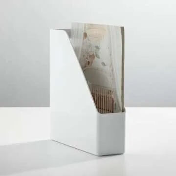 mDesign Plastic Slim Vertical File Folder Storage Organizer Bin with Handle - Hold Notebooks, Binders, Envelopes, Magazines for Home Office, Work Desktops, Ligne Collection, 2 Pack, White