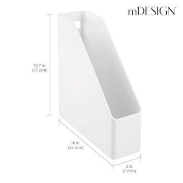 mDesign Plastic Slim Vertical File Folder Storage Organizer Bin with Handle - Hold Notebooks, Binders, Envelopes, Magazines for Home Office, Work Desktops, Ligne Collection, 2 Pack, White