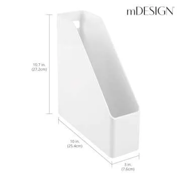 mDesign Plastic Slim Vertical File Folder Storage Organizer Bin with Handle - Hold Notebooks, Binders, Envelopes, Magazines for Home Office, Work Desktops, Ligne Collection, 2 Pack, White