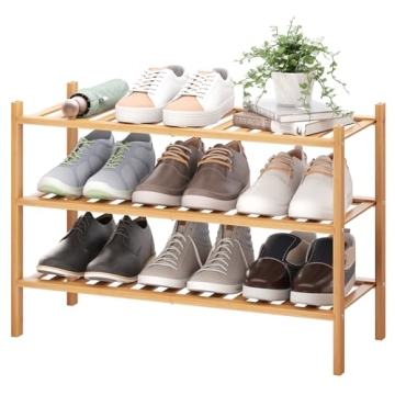 BMOSU 3-Tier Bamboo Shoe Rack - Stackable Shoe Shelf Organizer for Home