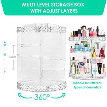 360 Rotating Makeup Organizer, Vanity Adjustable Cosmetic Storage Organizers Large Capacity Makeup Display Case for Bedroom Bathroom Clear Acrylic Organizer Container for Cosmetic Brushes Lipsticks