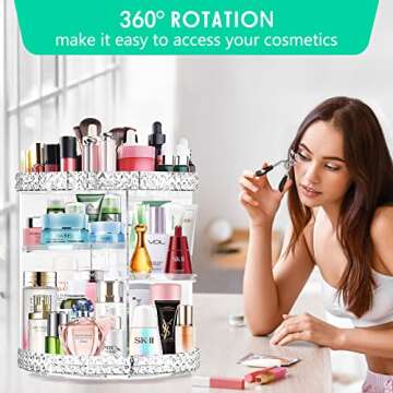 360 Rotating Makeup Organizer, Vanity Adjustable Cosmetic Storage Organizers Large Capacity Makeup Display Case for Bedroom Bathroom Clear Acrylic Organizer Container for Cosmetic Brushes Lipsticks