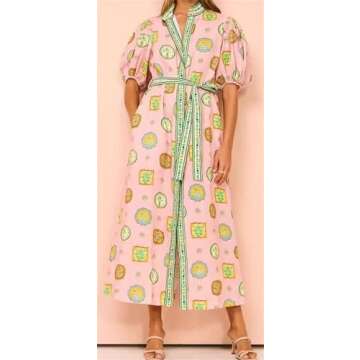 Qikaka Women's Half Puff Sleeve Button Printed Bodycon Dress for Club Nights