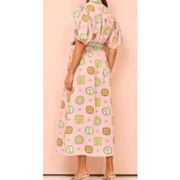 Qikaka Women's Puff Sleeve Printed Bodycon Dress