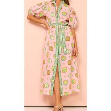 Qikaka Women's Puff Sleeve Printed Bodycon Dress