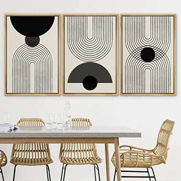 SIGNLEADER Framed Canvas Print Wall Art Black Semi-Circle an Line Parabola Abstract Shapes Illustrations Modern Art Minimalist Edgy Black and White for Living Room, Bedroom, Office - 16"x24"x3 NATURAL