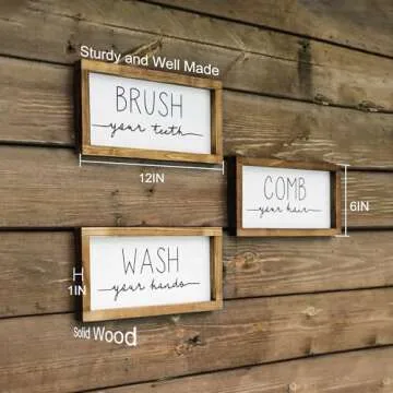 LIBWYS Bathroom Sign & Plaque (Set of 3) Wash Your Hands Brush Your Teeth Comb Your Hair Decorative Rustic Wood Farmhouse Bathroom Wall Decor (White)