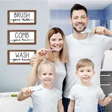 LIBWYS Bathroom Sign & Plaque (Set of 3) Wash Your Hands Brush Your Teeth Comb Your Hair Decorative Rustic Wood Farmhouse Bathroom Wall Decor (White)