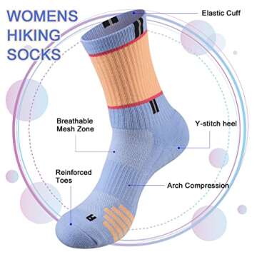COOPLUS Women's Athletic Crew Socks - Performance Cushioned Hiking Socks (5 Pairs)