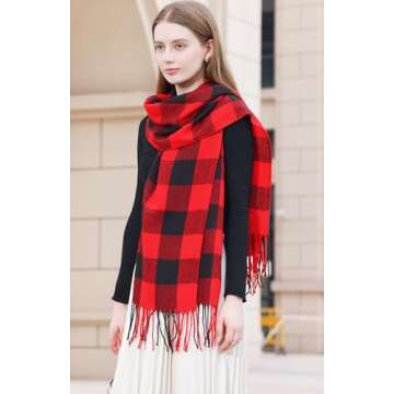 Wander Agio Women's Fashion Long Shawl Winter Warm Lattice Large Scarf Small Plaid Red Black