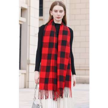 Wander Agio Women's Fashion Long Shawl Winter Warm Lattice Large Scarf Small Plaid Red Black