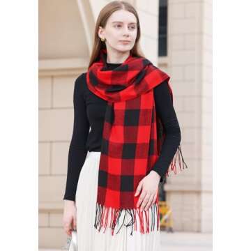 Wander Agio Women's Fashion Long Shawl Winter Warm Lattice Large Scarf Small Plaid Red Black