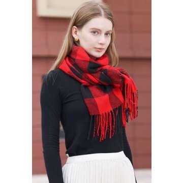 Wander Agio Women's Fashion Long Shawl Winter Warm Lattice Large Scarf Small Plaid Red Black