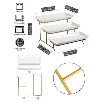 LAUCHUH Large 3 Tier Serving Stand Tiered Serving Trays Collapsible Sturdier Rack with 3 Porcelain S...