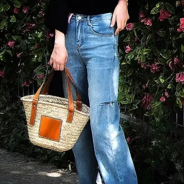 JAYAVENTURA Small Straw Basket Bag for Women PU Leather Strap Raffia Woven Tote for Summer Beach