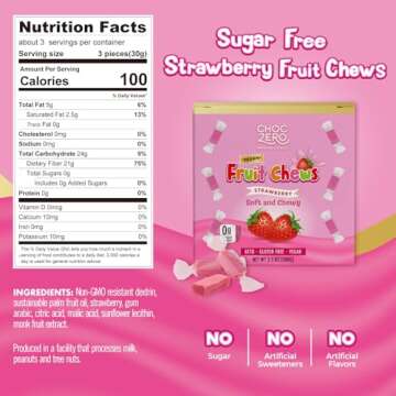 ChocZero Sugar Free Strawberry Fruit Chews, Keto, Vegan, All Natural, Soft and Chewy Low Carb Candy,...