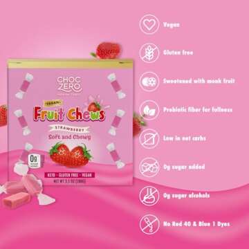 ChocZero Sugar Free Strawberry Fruit Chews, Keto, Vegan, All Natural, Soft and Chewy Low Carb Candy, 3.5 Ounce Box (Pack of 1)