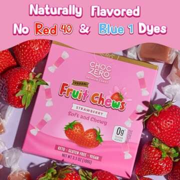ChocZero Sugar Free Strawberry Fruit Chews, Keto, Vegan, All Natural, Soft and Chewy Low Carb Candy, 3.5 Ounce Box (Pack of 1)