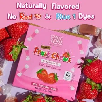 ChocZero Sugar Free Strawberry Fruit Chews, Keto, Vegan, All Natural, Soft and Chewy Low Carb Candy, 3.5 Ounce Box (Pack of 1)