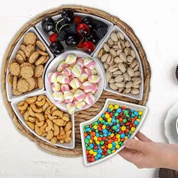 AVLA Ceramic Serving Tray with 6 Snack Bowls and Handle