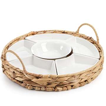 AVLA Ceramic Serving Tray with 6 Snack Bowls and Handle