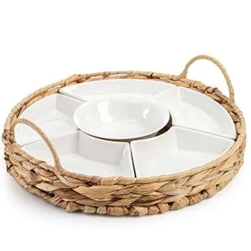 AVLA Ceramic Serving Tray with 6 Snack Bowls and Handle