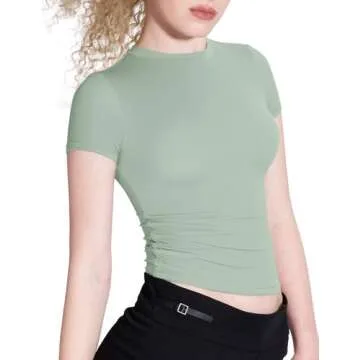 PUMIEY Summer Tops for Women Slim Fit Short Sleeve T Shirts Sexy Y2K Crop Top, Sage Small