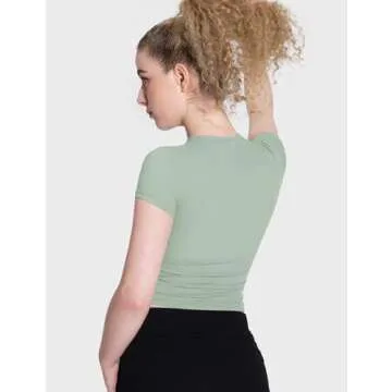 PUMIEY Summer Tops for Women Slim Fit Short Sleeve T Shirts Sexy Y2K Crop Top, Sage Small