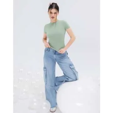 PUMIEY Summer Tops for Women Slim Fit Short Sleeve T Shirts Sexy Y2K Crop Top, Sage Small