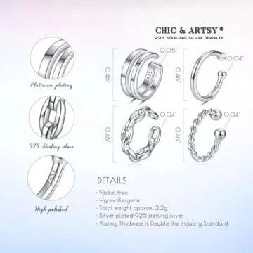 Ear Cuffs 925 Sterling Silver Non Piercing Ear Conch Clip on Cartilage Earrings for Women | 4 Various Styles