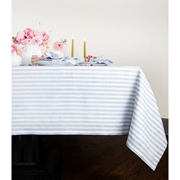 Solino Home Stripe Linen Tablecloth – Amalfi Stripe 120" L x 60" W – 100% Pure Linen Sky Blue an...