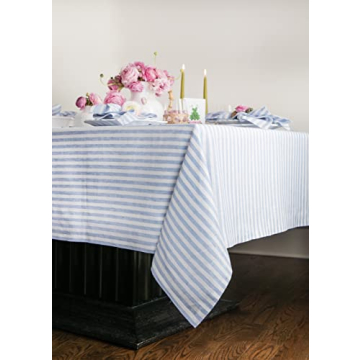 Sky Blue Stripe Linen Tablecloth 120" – Elegant & Versatile
