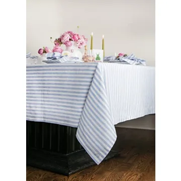 Sky Blue Stripe Linen Tablecloth 120" – Elegant & Versatile