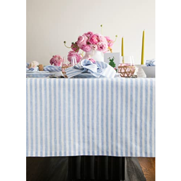 Sky Blue Stripe Linen Tablecloth 120" – Elegant & Versatile