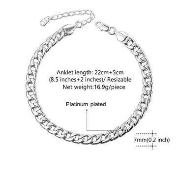 U7 Cuban Chain Anklets Platinum Plated Beach Foot Jewelry 7mm Wide Curb Chains Ankle Bracelet for Women, Length 22-27CM