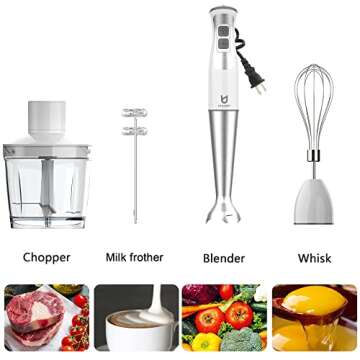 Immersion Hand Blender, UTALENT 5-in-1 8-Speed Immersion Blender with 500ml Food Grinder, 600ml Container,Milk Frother,Egg Whisk,Puree Infant Food, Smoothies, Sauces and Soups - White