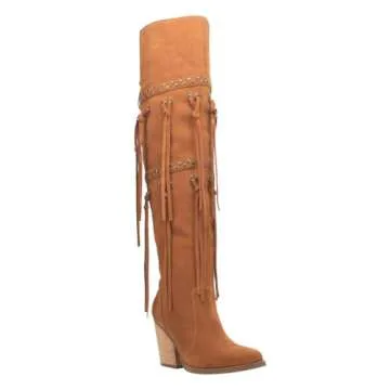 Dingo Womens Witchy Woman Fringe Studded Pointed Toe Pull On Casual Boots Over the Knee High Heel 3"...