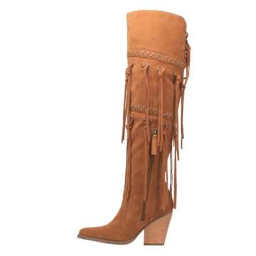 Dingo Womens Witchy Woman Fringe Studded Pointed Toe Pull On Casual Boots Over the Knee High Heel 3" & Up - Brown - Size 7 B
