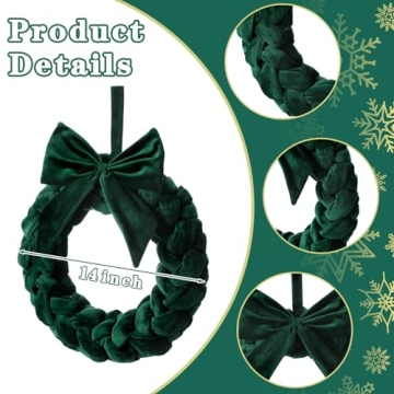 Barydat Christmas Velvet Wreath 14" Christmas Wreaths for Front Door Velvet Christmas Wreath Ornament with Bow for Christmas Party Table Fireplaces Porch Walls New Years Home Decor(Green)