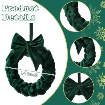 Barydat Christmas Velvet Wreath 14" Christmas Wreaths for Front Door Velvet Christmas Wreath Ornament with Bow for Christmas Party Table Fireplaces Porch Walls New Years Home Decor(Green)