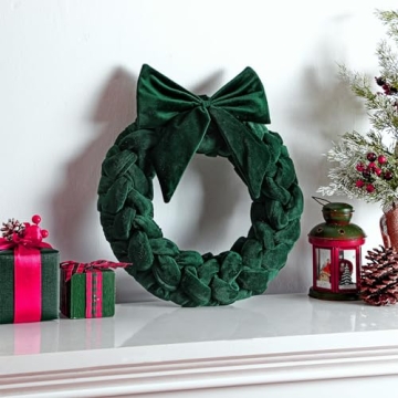 Barydat Christmas Velvet Wreath 14" Christmas Wreaths for Front Door Velvet Christmas Wreath Ornament with Bow for Christmas Party Table Fireplaces Porch Walls New Years Home Decor(Green)