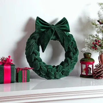 Barydat Christmas Velvet Wreath 14" Christmas Wreaths for Front Door Velvet Christmas Wreath Ornament with Bow for Christmas Party Table Fireplaces Porch Walls New Years Home Decor(Green)