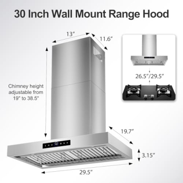 30 inch Range Hood Wall Mount, 1200 CFM with 4-Speed Gesture Sensing & Touch Control, Stainless Stee...