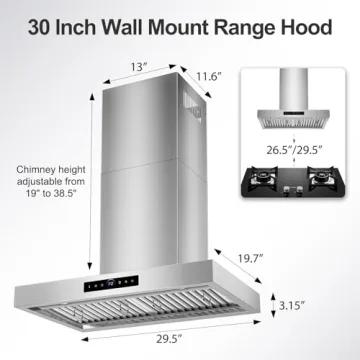 30 inch Range Hood Wall Mount, 1200 CFM with 4-Speed Gesture Sensing & Touch Control, Stainless Stee...