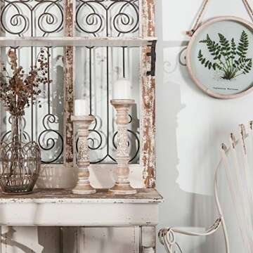 NIKKY HOME Farmhouse Candle Holder Set of 2 - Decorative Wood Pillar Candle Stand, Mantle Home Decor Centerpieces for Fireplace, Living or Dining Room Table, Distressed White